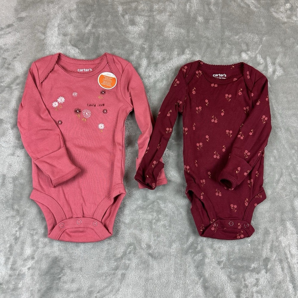 Carter's Set Of 2 Bodysuit Pink Red Flowers Floral Long Sleeve Girls 3m NEW